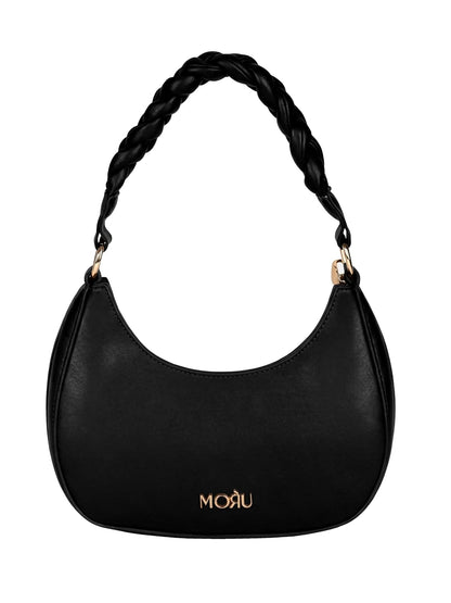 MORU Elara Braided Crescent Shoulder Bag for Women | Stylish Half Moon Hobo Purse | Premium Vegan Leather Handbag with Zipper Closure | Black