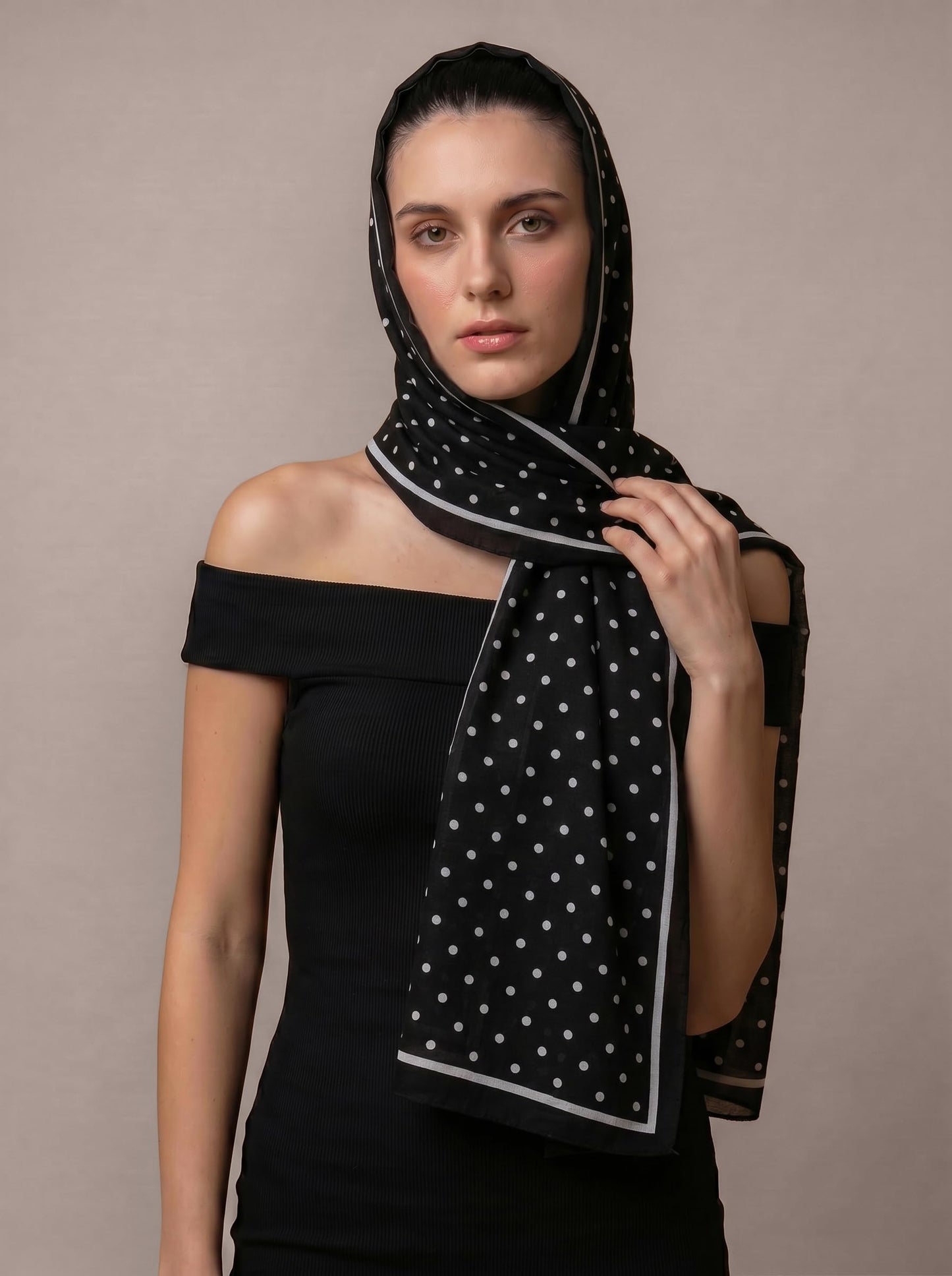 MORU Kyoto Chic Women’s Polka Dot Scarf | Soft Lightweight Black & White Monochrome Printed Stole | Elegant Minimal Fashion Wrap for All Seasons