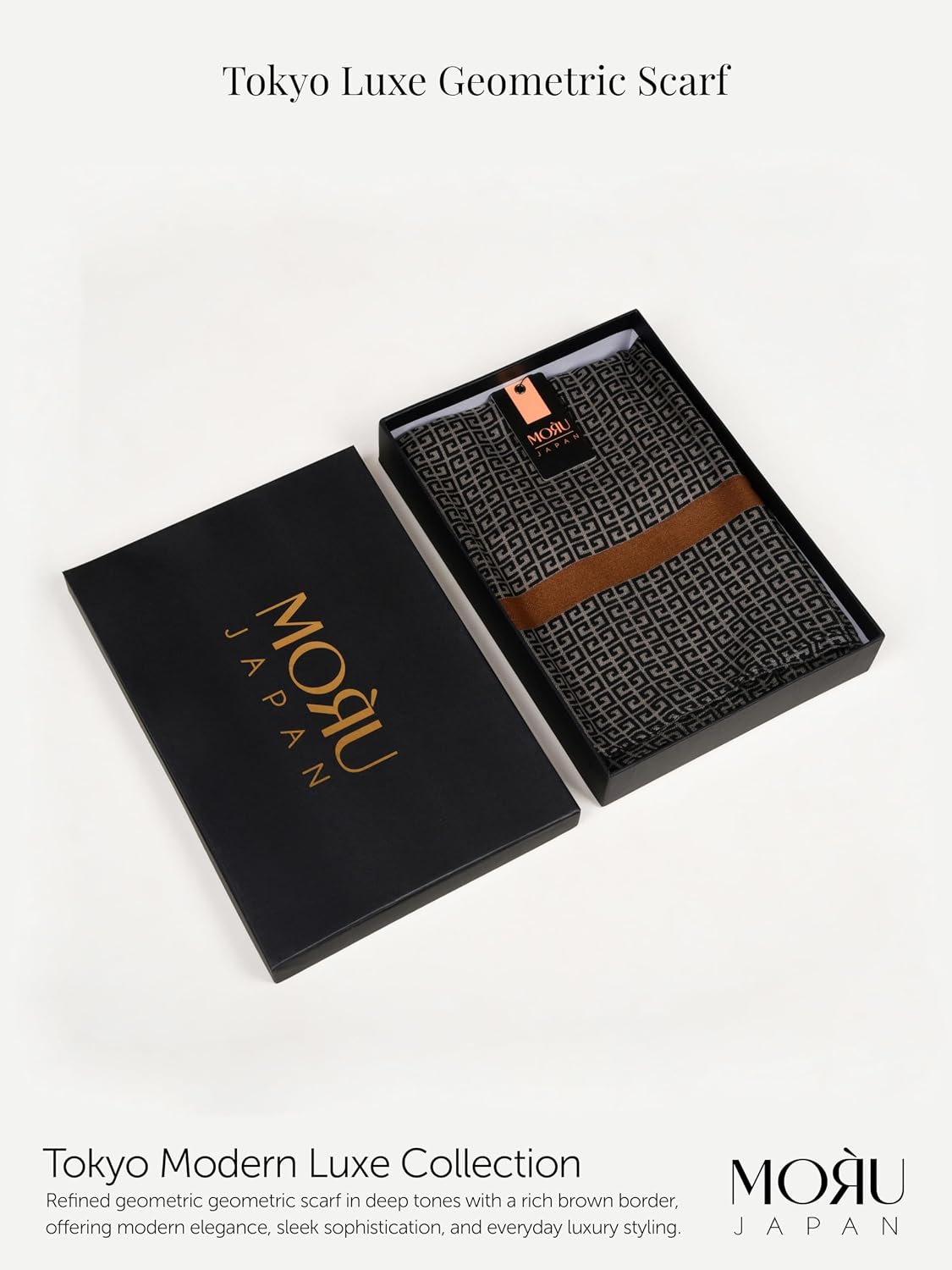 MORU Tokyo Modern Luxe Women's Geometric Printed Stole for Women | Premium Soft Designer Fashion Scarf Wrap | Elegant Modern Geometric Shawl | Black Brown