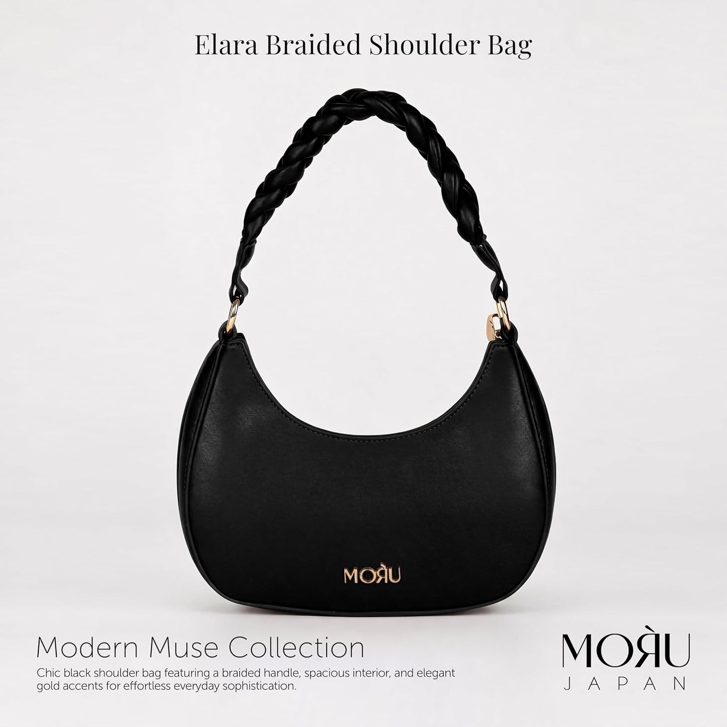 MORU Elara Braided Crescent Shoulder Bag for Women | Stylish Half Moon Hobo Purse | Premium Vegan Leather Handbag with Zipper Closure | Black