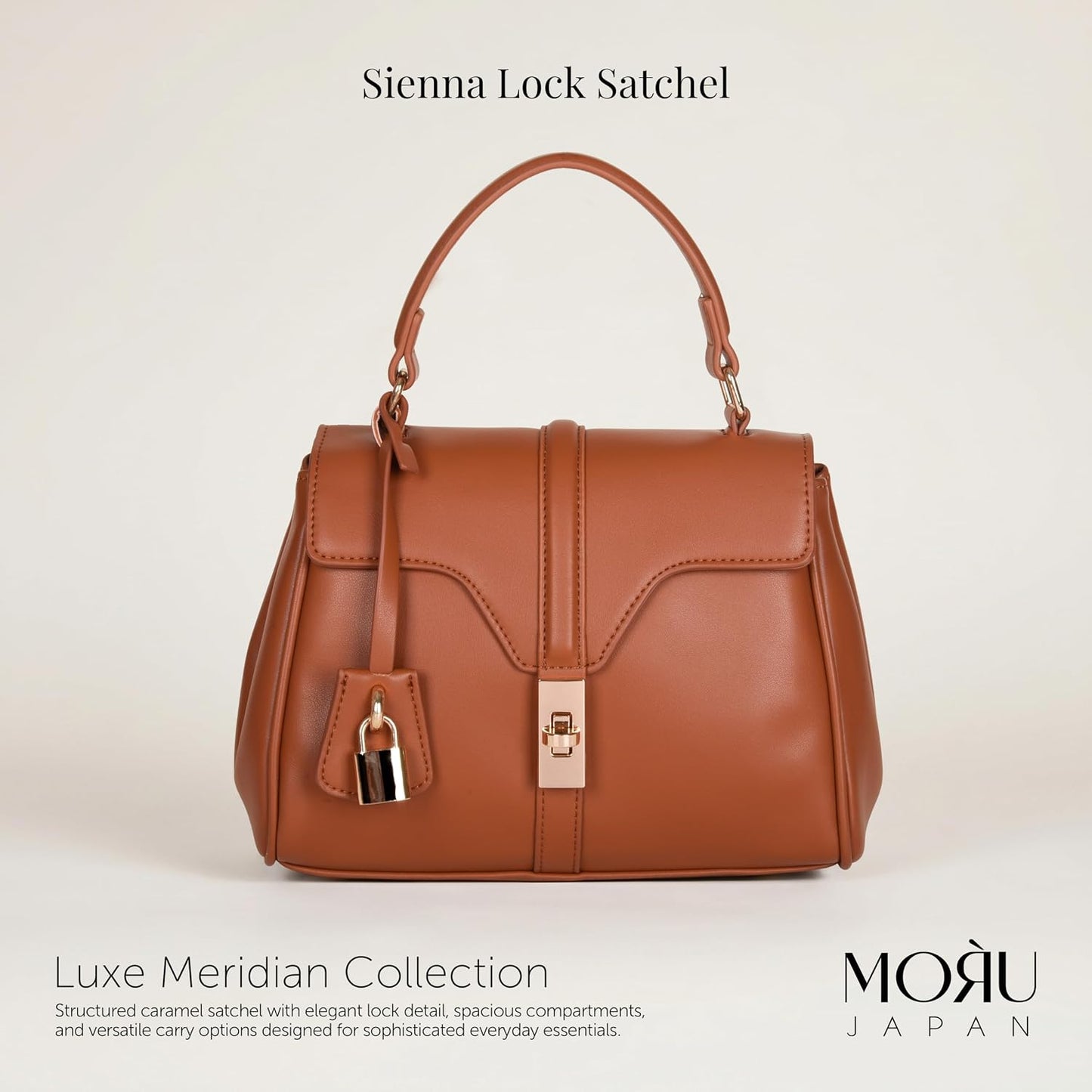 MORU Sienna Lock Satchel Bag for Women | Structured Top Handle Handbag with Detachable Shoulder Strap | Elegant Lock Closure | Caramel Brown