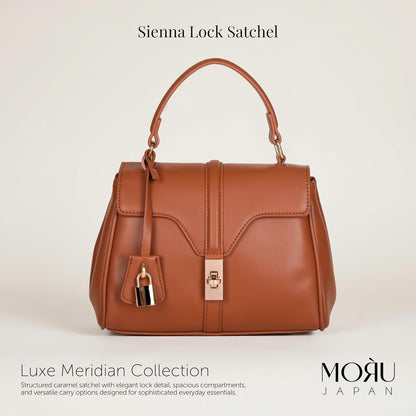 MORU Sienna Lock Satchel Bag for Women | Structured Top Handle Handbag with Detachable Shoulder Strap | Elegant Lock Closure | Caramel Brown