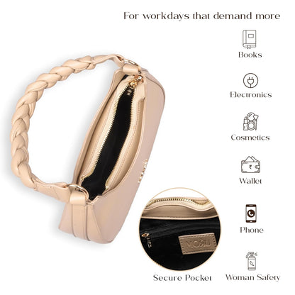 MORU Elara Braided Crescent Shoulder Bag for Women | Stylish Half Moon Hobo Purse | Premium Vegan Leather Handbag with Zipper Closure | Nude Beige