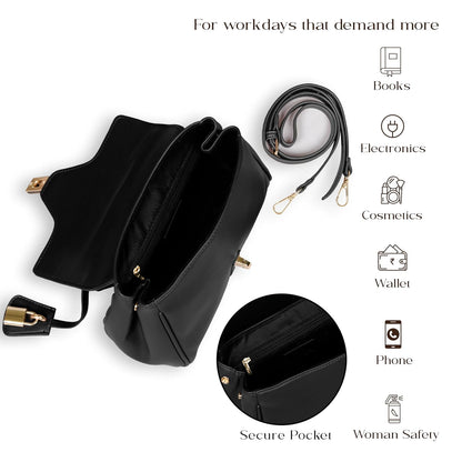 MORU Sienna Lock Satchel Bag for Women | Structured Top Handle Handbag with Detachable Shoulder Strap | Elegant Lock Closure | Midnight Black