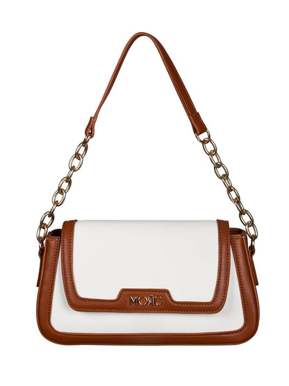 MORU Women’s Café Classic Shoulder Bag | Ivory & Tan Sling with Gold Chain | Vegan Leather, Lightweight & Water Resistant | Elegant Underarm Crossbody Purse for Casual