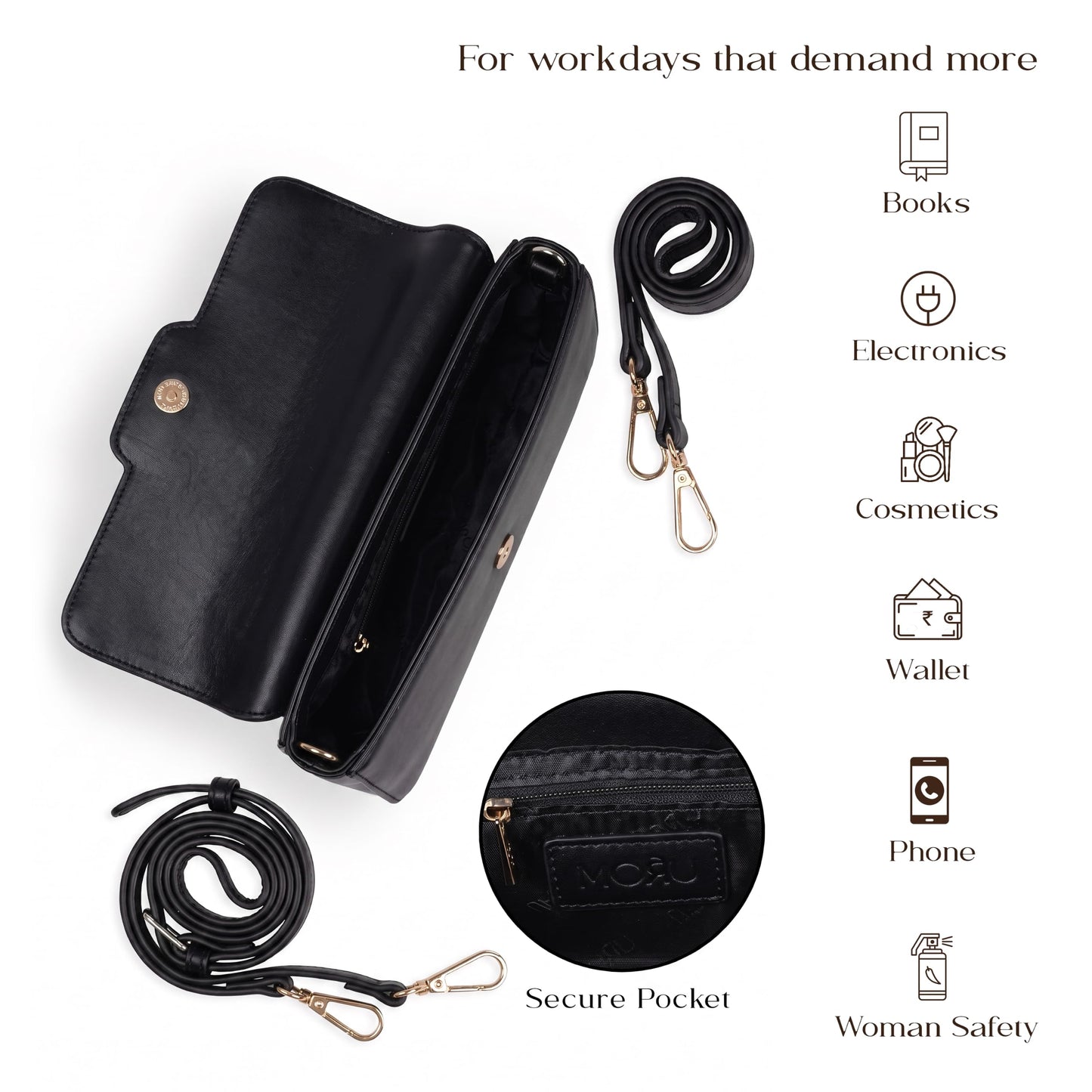 MORU Aurelia Sling Bag | Structured Crossbody Shoulder Bag for Women | Detachable Adjustable Strap | Magnetic Flap Closure | Secure Inner Zip Pocket