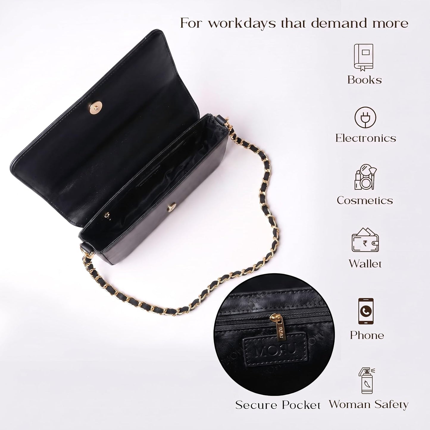 MORU Sienna Chain Shoulder Bag for Women | Premium PU Leather Chain Shoulder Bag | Gold Evening Party Handbag | Magnetic Flap Closure | Ladies Crossbody Purse for Wedding, Party & Daily Use