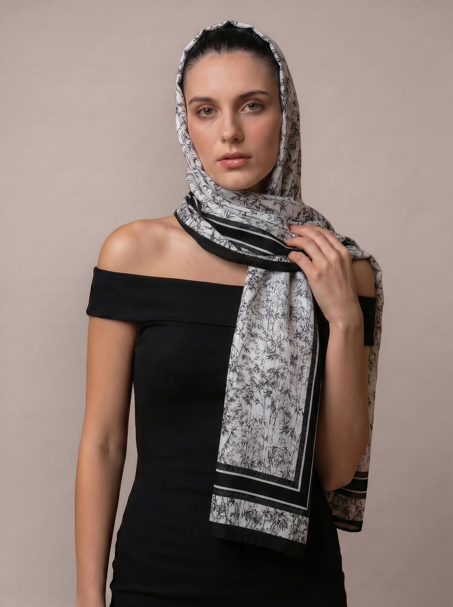 MORU Kyoto Nature Line Women’s Bamboo Print Scarf | Soft Lightweight Beige & Ivory Japanese Inspired Stole | Elegant Minimalist Fashion Wrap for All Seasons
