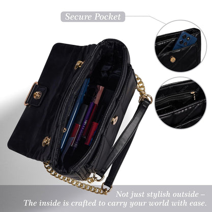 MORU Kuro Black Quilted Shoulder Bag for Women | Vegan Leather Chain Strap Handbag with Magnetic Closure | Elegant Evening & Everyday Purse