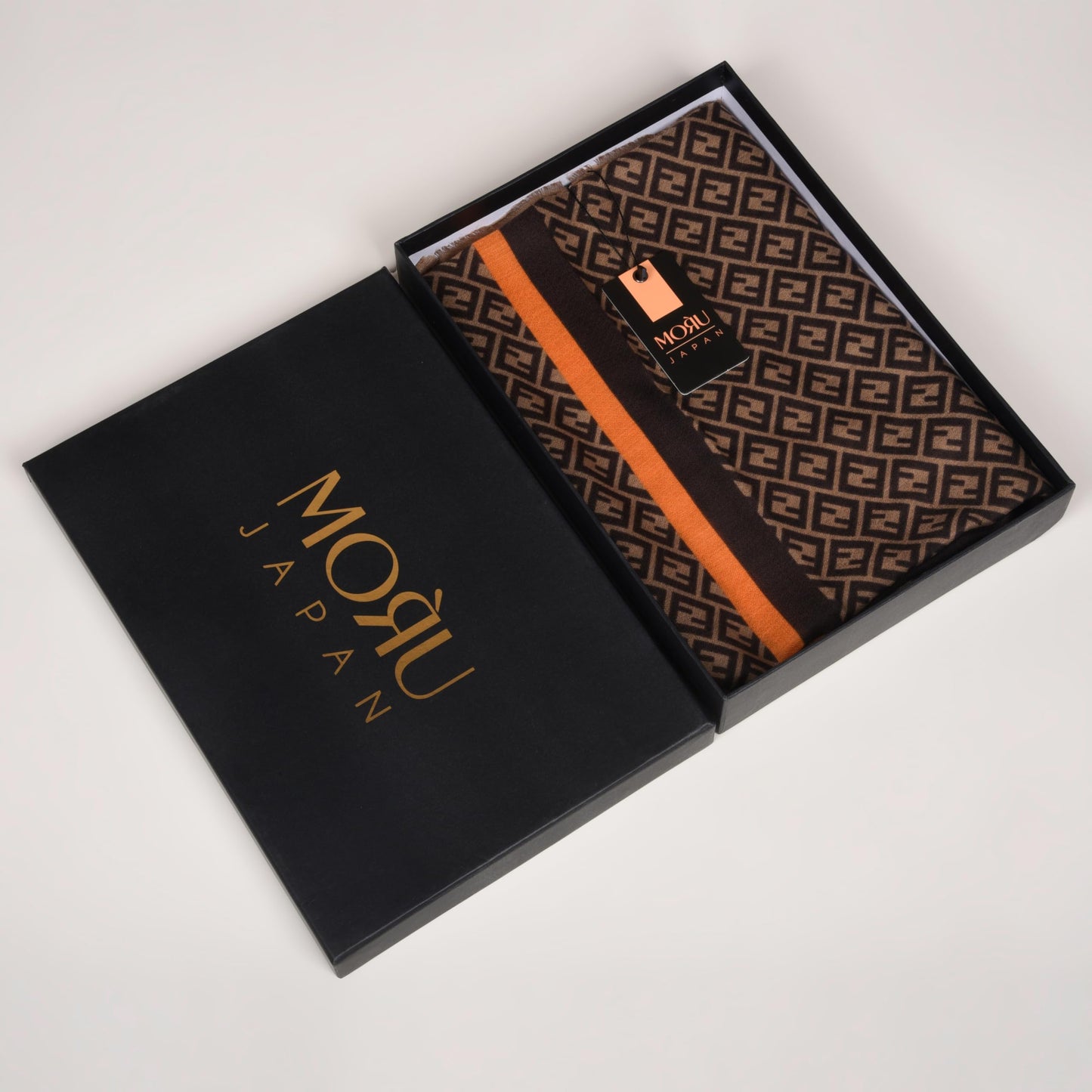 MORU Kyoto Luxe Women’s Ember Chevron Geometric Scarf | Lightweight Wrap Stole in Brown & Orange Pattern | Designer-Inspired Fashion Accessory
