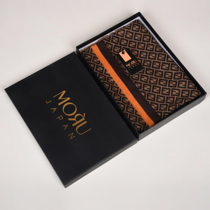MORU Kyoto Luxe Women’s Ember Chevron Geometric Scarf | Lightweight Wrap Stole in Brown & Orange Pattern | Designer-Inspired Fashion Accessory