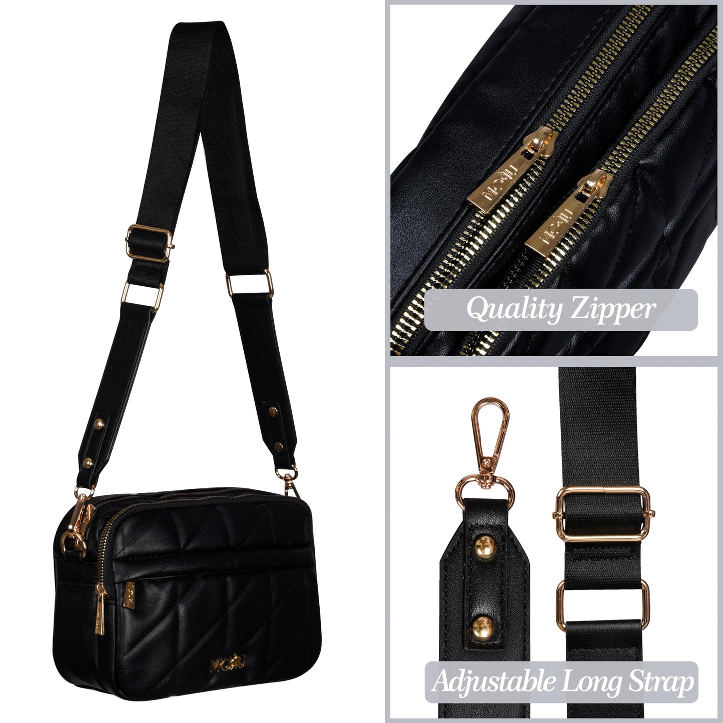MORU Kuro Quilted Crossbody Bag for Women | Premium Vegan Leather Sling Bag with Adjustable Strap | Lightweight, Water-Resistant | Everyday Office & Travel Use