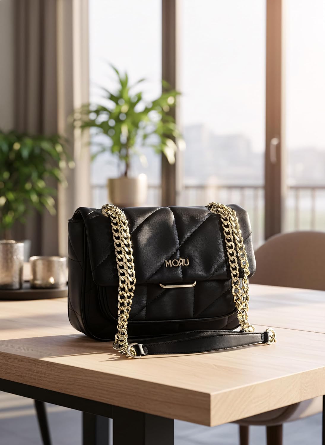 MORU Kuro Black Quilted Shoulder Bag for Women | Vegan Leather Chain Strap Handbag with Magnetic Closure | Elegant Evening & Everyday Purse