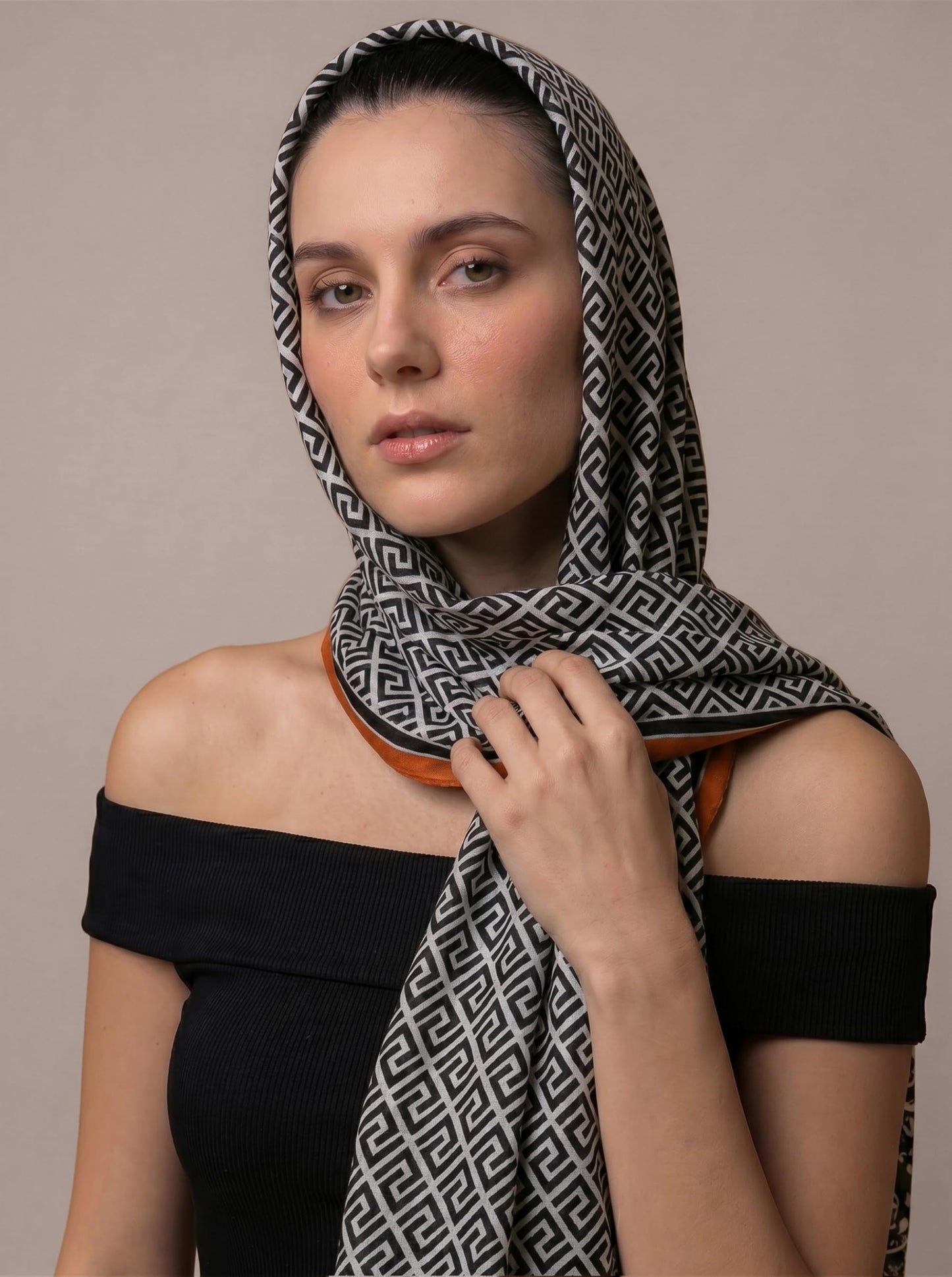 MORU Kyoto Luxe Women’s Ember Chevron Geometric Scarf | Lightweight Wrap Stole in Brown & Orange Pattern | Designer-Inspired Fashion Accessory