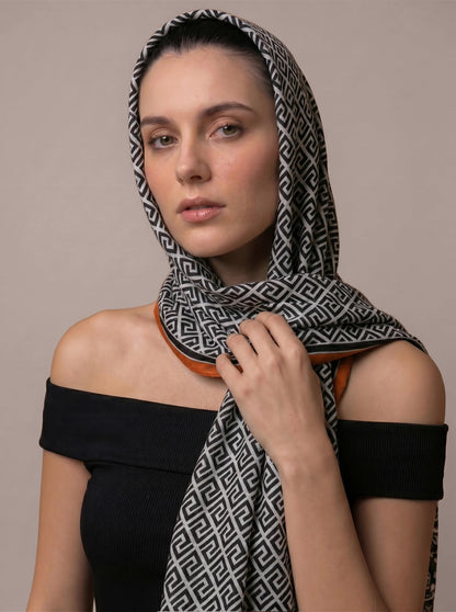 MORU Kyoto Luxe Women’s Ember Chevron Geometric Scarf | Lightweight Wrap Stole in Brown & Orange Pattern | Designer-Inspired Fashion Accessory