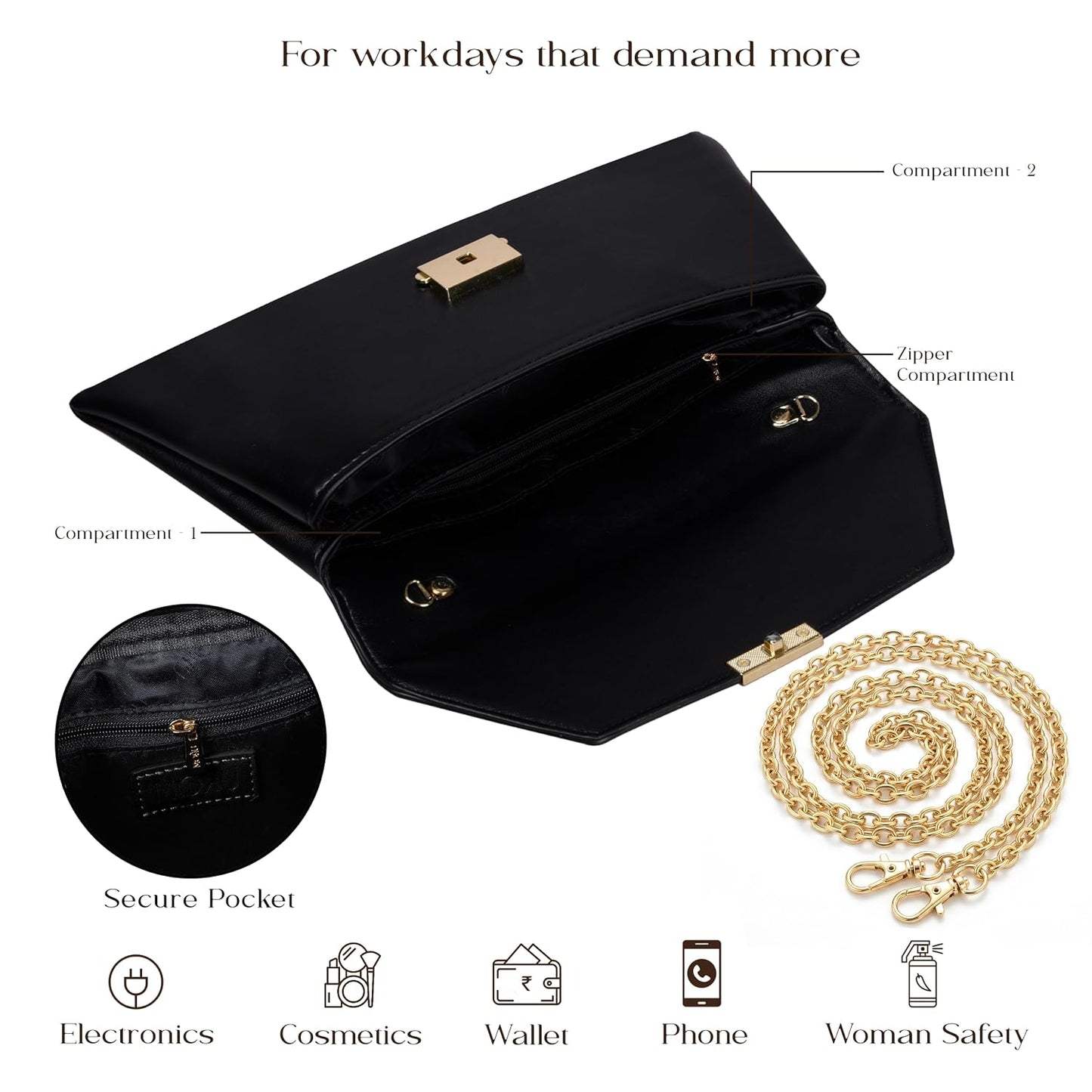 MORU Clutch for Women | Black Envelope Clutch Purse with Detachable Chain Strap | Premium PU Leather Evening Party Sling Bag | Magnetic Closure | Wedding, Formal & Occasion Handbag