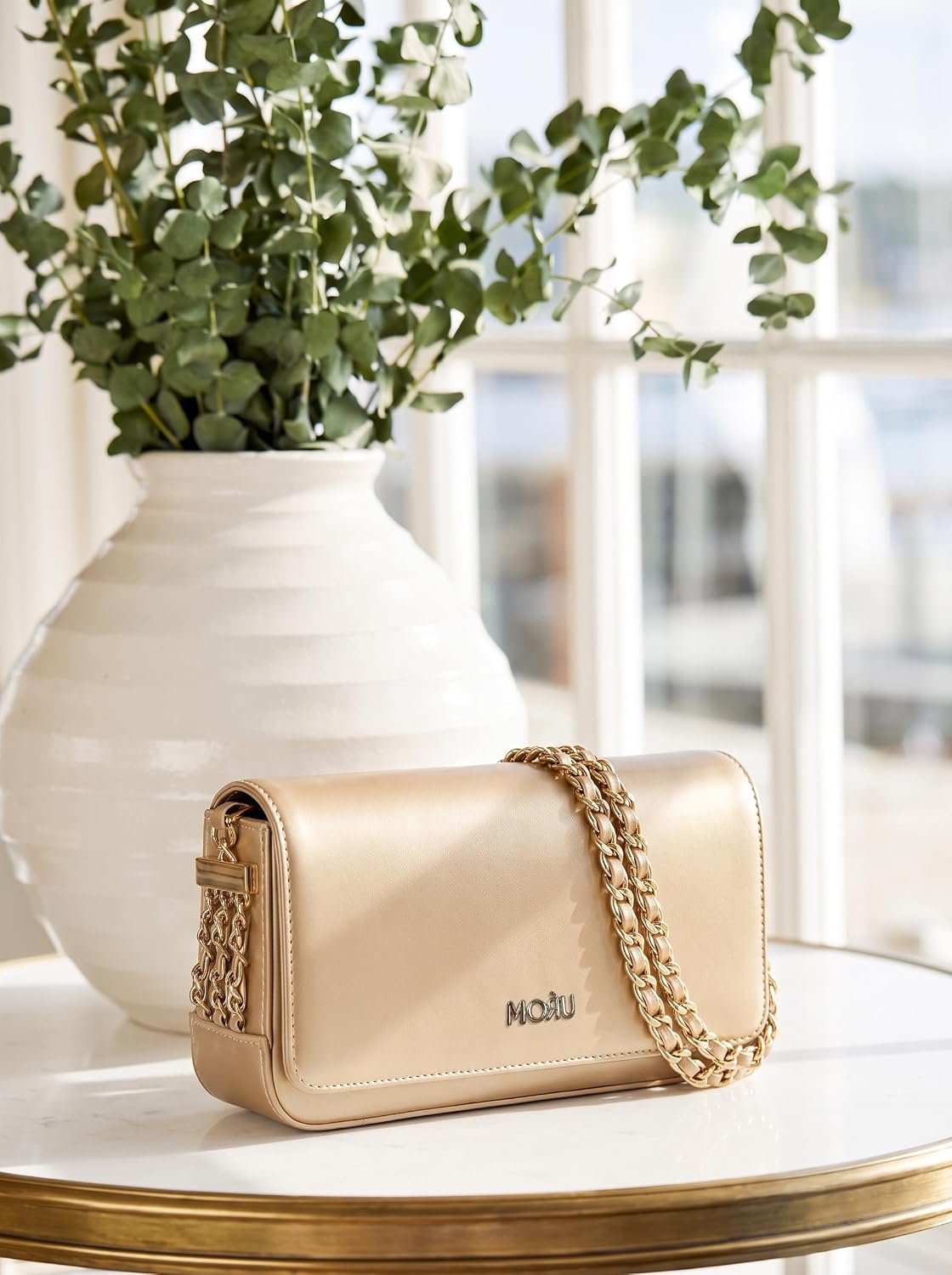 MORU Shoulder Bag for Women | Premium PU Leather Chain Shoulder Bag | Gold Evening Party Handbag | Magnetic Flap Closure | Ladies Crossbody Purse for Wedding, Party & Daily Use