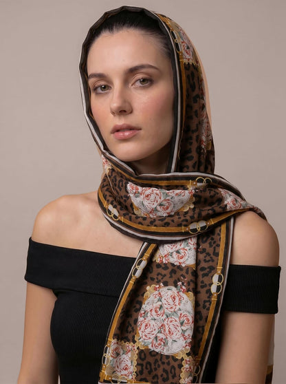 MORU Kyoto Luxe Women's Leopard Rose Printed Scarf | Luxury Floral & Animal Print Stole | Soft Lightweight Fashion Wrap | Elegant Designer Scarf for Women