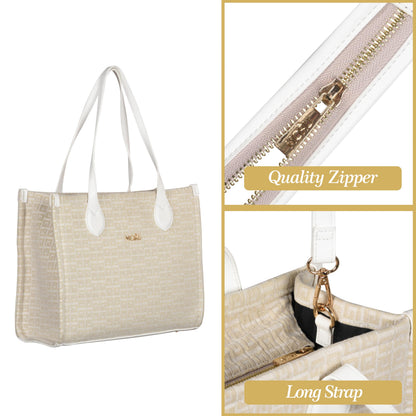 MORU Winter Grid Classic Beige Canvas Tote Bag for Women | Large Work & Travel Handbag | Fits MacBook Pro 14”, MacBook Air 13” & 15” | Shoulder & Crossbody Office Bag