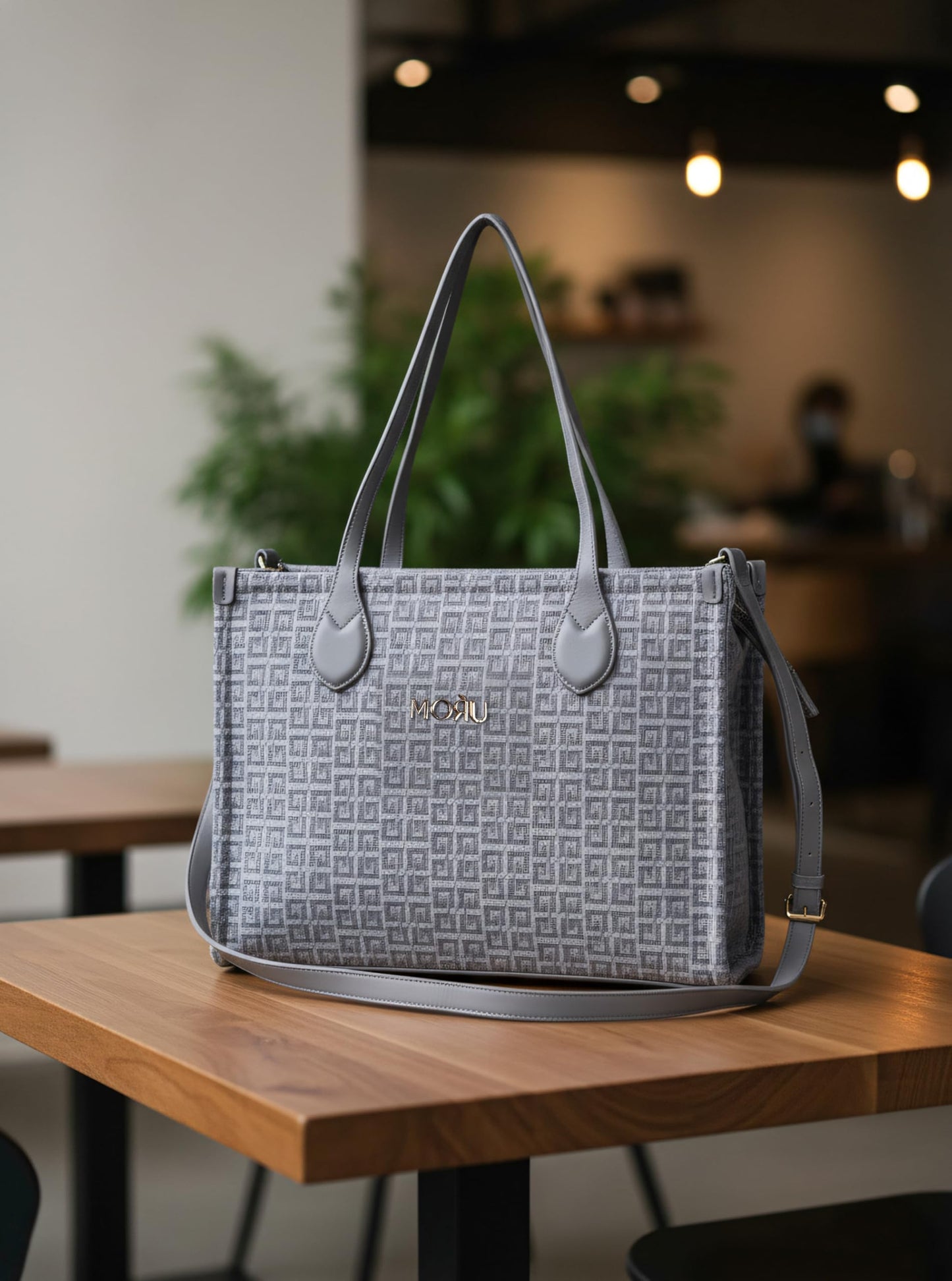 MORU Winter Grid Classic Beige Canvas Tote Bag for Women | Large Work & Travel Handbag | Fits MacBook Pro 14”, MacBook Air 13” & 15” | Shoulder & Crossbody Office Bag