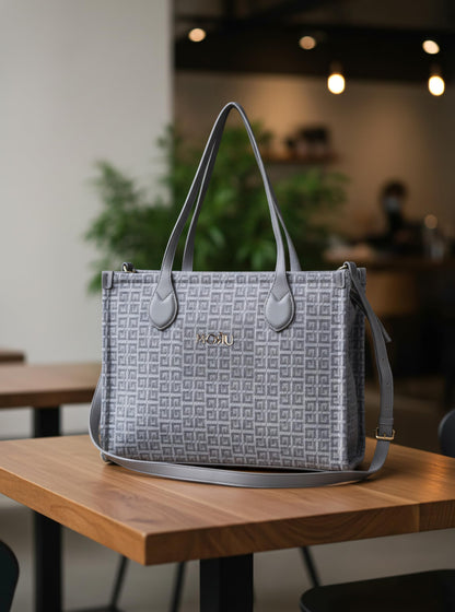 MORU Winter Grid Classic Beige Canvas Tote Bag for Women | Large Work & Travel Handbag | Fits MacBook Pro 14”, MacBook Air 13” & 15” | Shoulder & Crossbody Office Bag