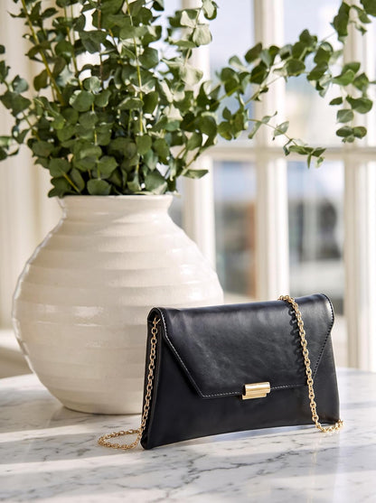 MORU Clutch for Women | Black Envelope Clutch Purse with Detachable Chain Strap | Premium PU Leather Evening Party Sling Bag | Magnetic Closure | Wedding, Formal & Occasion Handbag