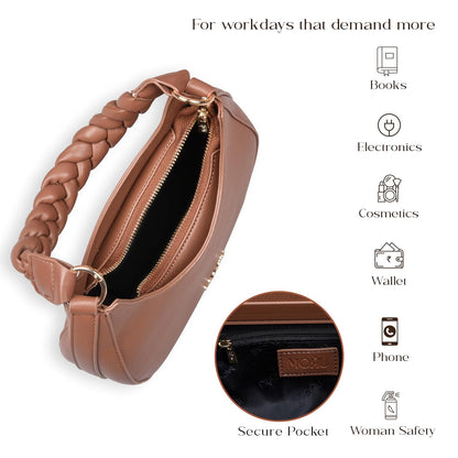 MORU Elara Braided Crescent Shoulder Bag for Women | Stylish Half Moon Hobo Purse | Premium Vegan Leather Handbag with Zipper Closure | Mocha Brown
