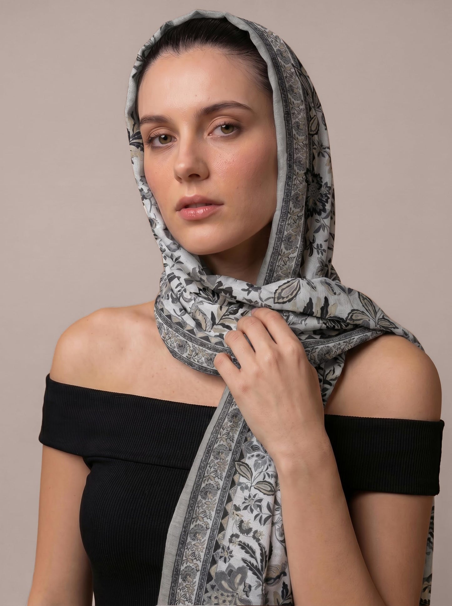 MORU Kyoto Luxe Women’s Floral Luxe Scarf | Soft Lightweight Ivory & Grey Floral Printed Stole | Elegant Premium Fashion Wrap for All Seasons