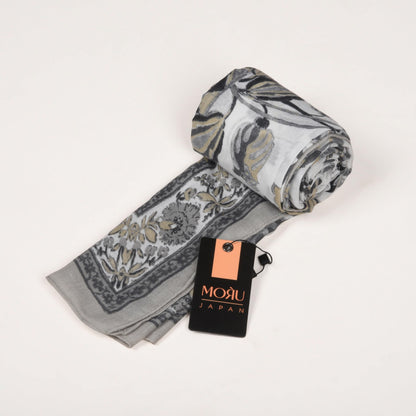 MORU Kyoto Luxe Women’s Floral Luxe Scarf | Soft Lightweight Ivory & Grey Floral Printed Stole | Elegant Premium Fashion Wrap for All Seasons