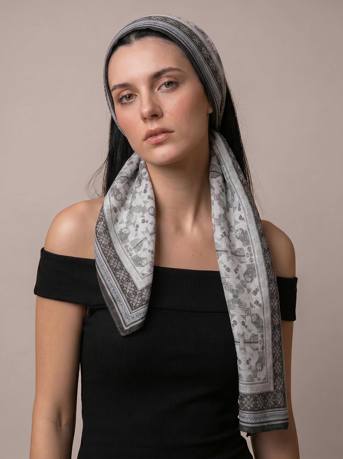 MORU Kyoto Minimalist Women’s Geometric Scarf | Soft Lightweight Grey & White Monochrome Stole | Elegant Modern Printed Fashion Wrap for All Seasons