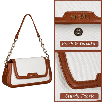 MORU Women’s Café Classic Shoulder Bag | Ivory & Tan Sling with Gold Chain | Vegan Leather, Lightweight & Water Resistant | Elegant Underarm Crossbody Purse for Casual