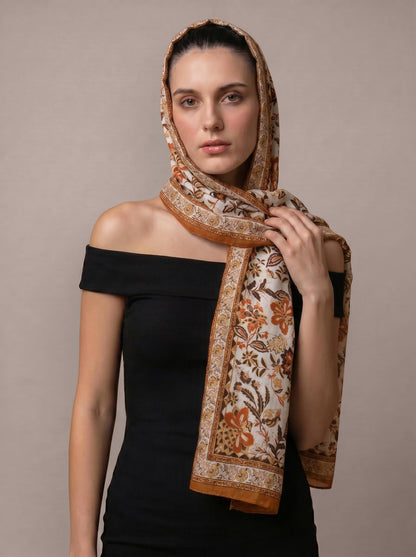 MORU Kyoto Luxe Women’s Floral Luxe Scarf | Soft Lightweight Ivory & Grey Floral Printed Stole | Elegant Premium Fashion Wrap for All Seasons