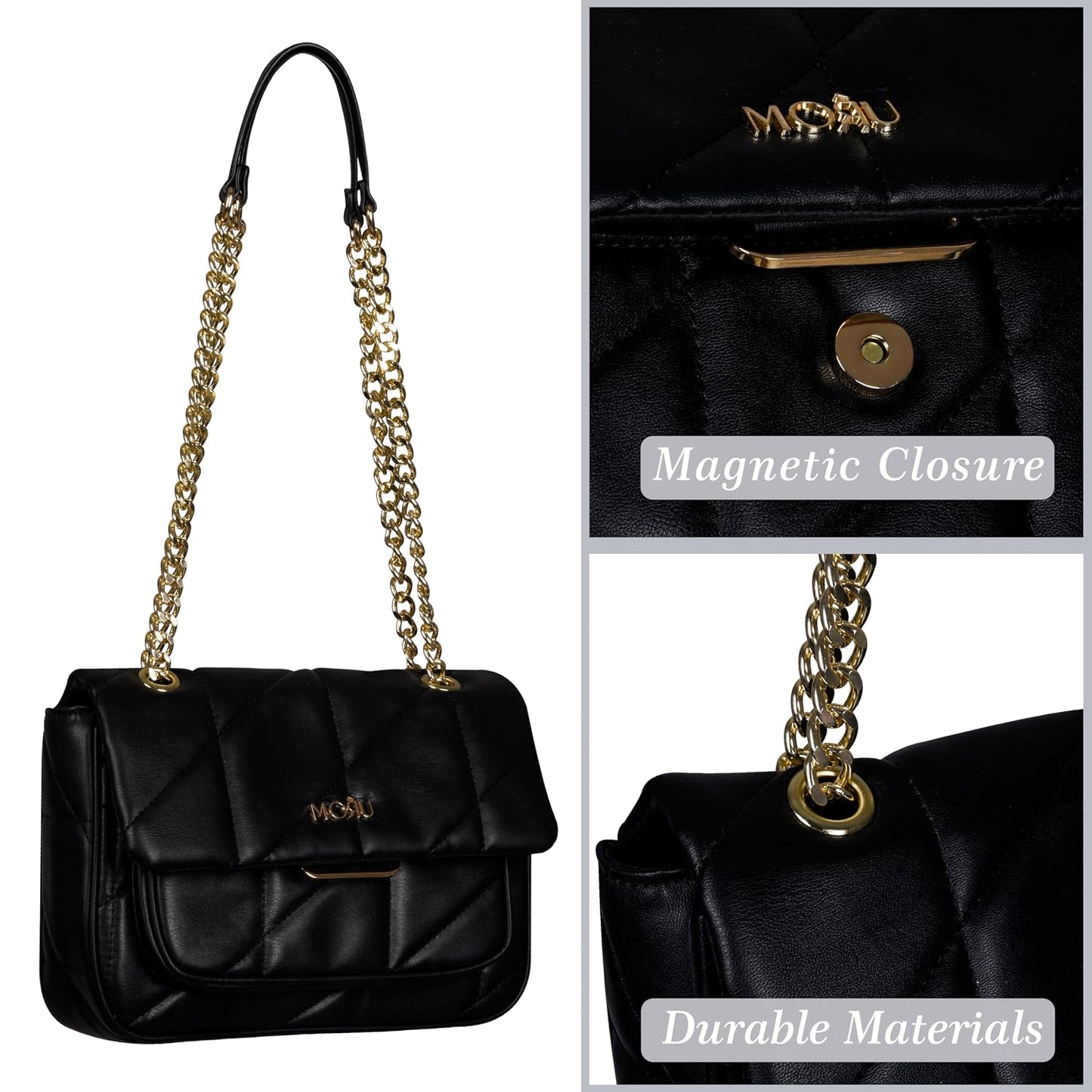 MORU Kuro Black Quilted Shoulder Bag for Women | Vegan Leather Chain Strap Handbag with Magnetic Closure | Elegant Evening & Everyday Purse