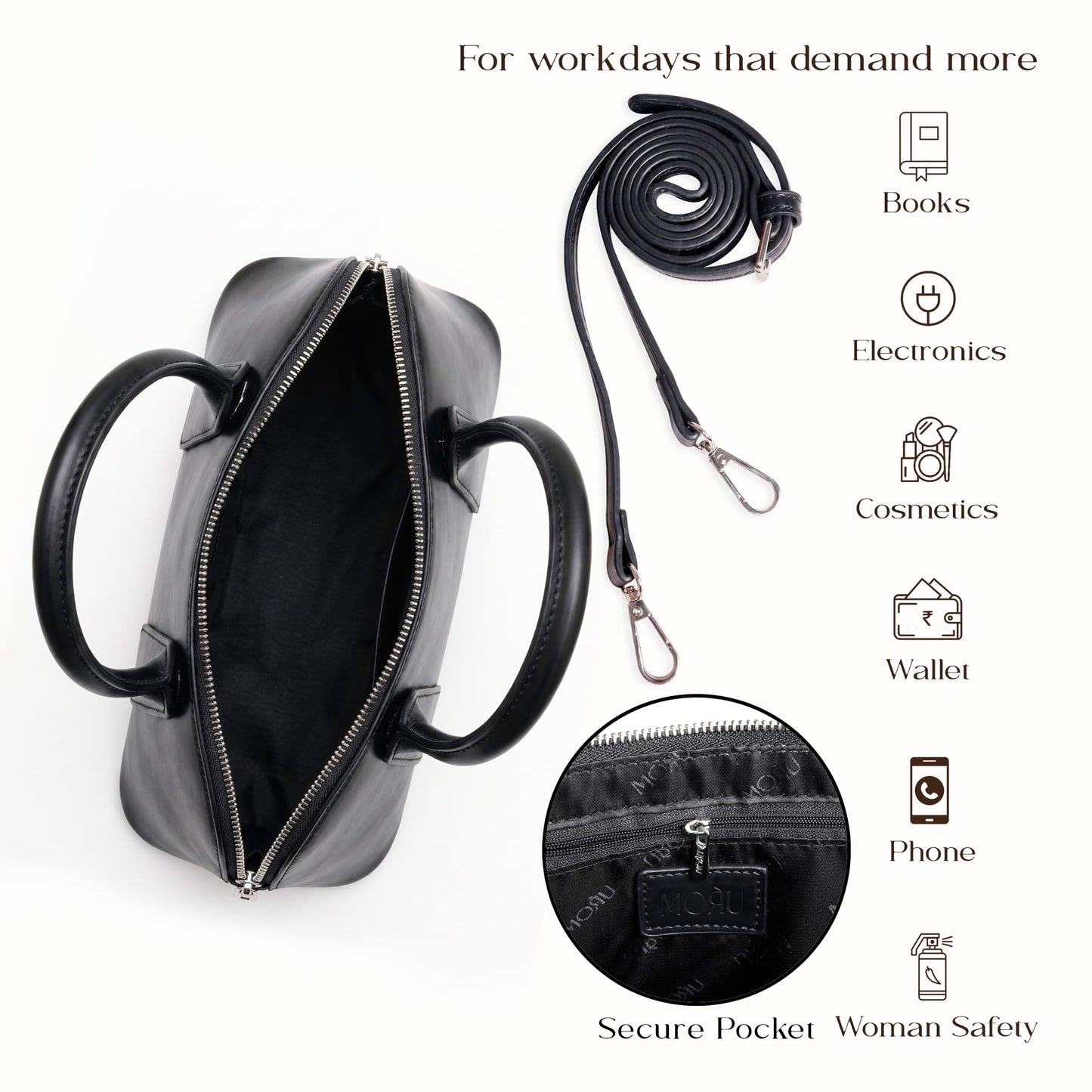 MORU Lumière Boston Satchel for Women | Premium Smooth PU Leather Handbag | Structured Top Handle Bag | Detachable Adjustable Shoulder Strap | Zip Closure