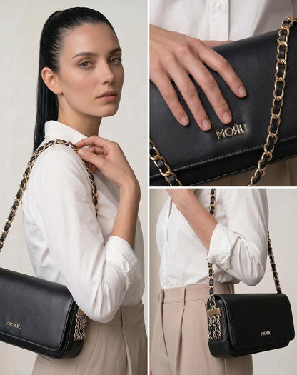 MORU Sienna Chain Shoulder Bag for Women | Premium PU Leather Chain Shoulder Bag | Gold Evening Party Handbag | Magnetic Flap Closure | Ladies Crossbody Purse for Wedding, Party & Daily Use