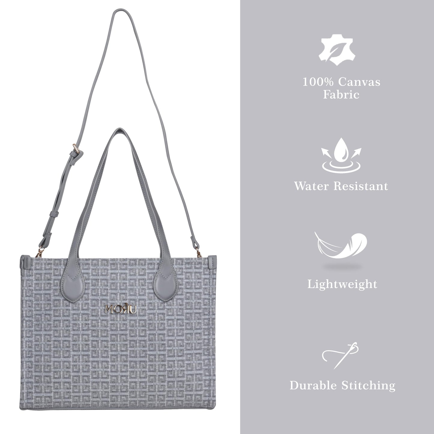 MORU Winter Grid Classic Beige Canvas Tote Bag for Women | Large Work & Travel Handbag | Fits MacBook Pro 14”, MacBook Air 13” & 15” | Shoulder & Crossbody Office Bag