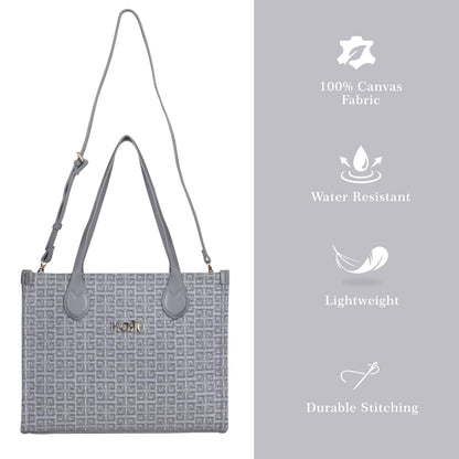 MORU Winter Grid Classic Beige Canvas Tote Bag for Women | Large Work & Travel Handbag | Fits MacBook Pro 14”, MacBook Air 13” & 15” | Shoulder & Crossbody Office Bag