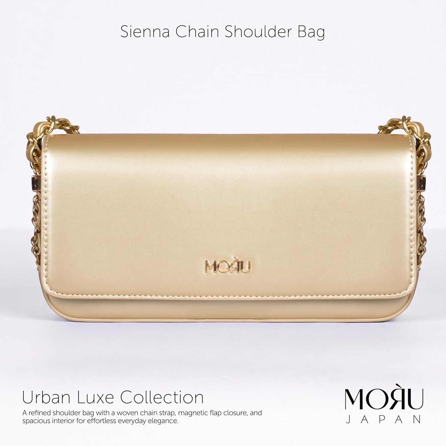 MORU Shoulder Bag for Women | Premium PU Leather Chain Shoulder Bag | Gold Evening Party Handbag | Magnetic Flap Closure | Ladies Crossbody Purse for Wedding, Party & Daily Use