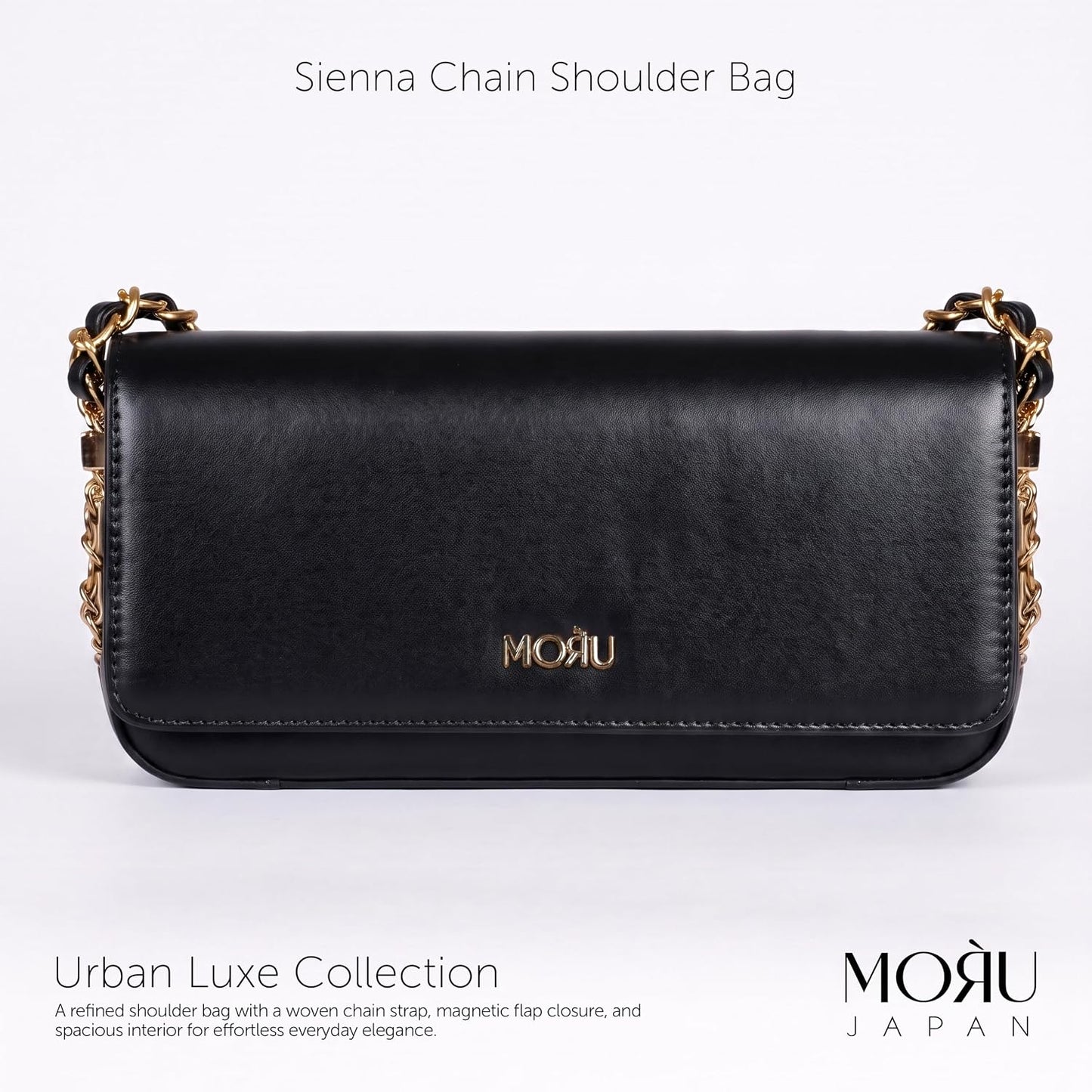 MORU Sienna Chain Shoulder Bag for Women | Premium PU Leather Chain Shoulder Bag | Gold Evening Party Handbag | Magnetic Flap Closure | Ladies Crossbody Purse for Wedding, Party & Daily Use