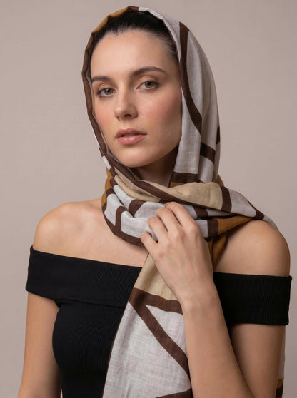 MORU Kyoto Grid Scarf for Women | Lightweight Geometric Printed Stole & Shawl for Women | Soft Long Fashion Wrap Scarf for Casual, Office, Travel & Winter Styling | Brown Beige White Minimalist Design