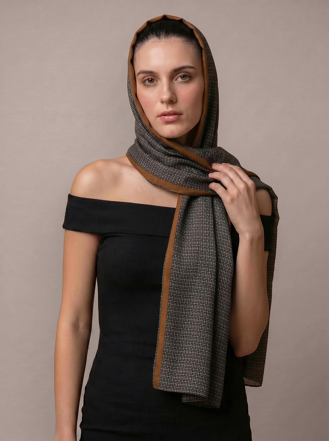 MORU Tokyo Modern Luxe Women's Geometric Printed Stole for Women | Premium Soft Designer Fashion Scarf Wrap | Elegant Modern Geometric Shawl | Black Brown