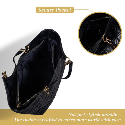 MORU Quilta Nova Tote Bag for Women | Premium Quilted Vegan Leather Shoulder Handbag with Zip Closure | Structured Everyday Tote | Midnight Black