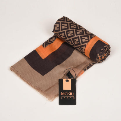 MORU Kyoto Luxe Women’s Ember Chevron Geometric Scarf | Lightweight Wrap Stole in Brown & Orange Pattern | Designer-Inspired Fashion Accessory
