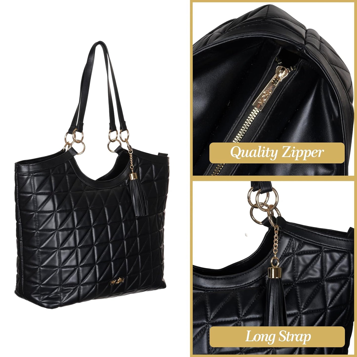 MORU Quilta Nova Tote Bag for Women | Premium Quilted Vegan Leather Shoulder Handbag with Zip Closure | Structured Everyday Tote | Midnight Black