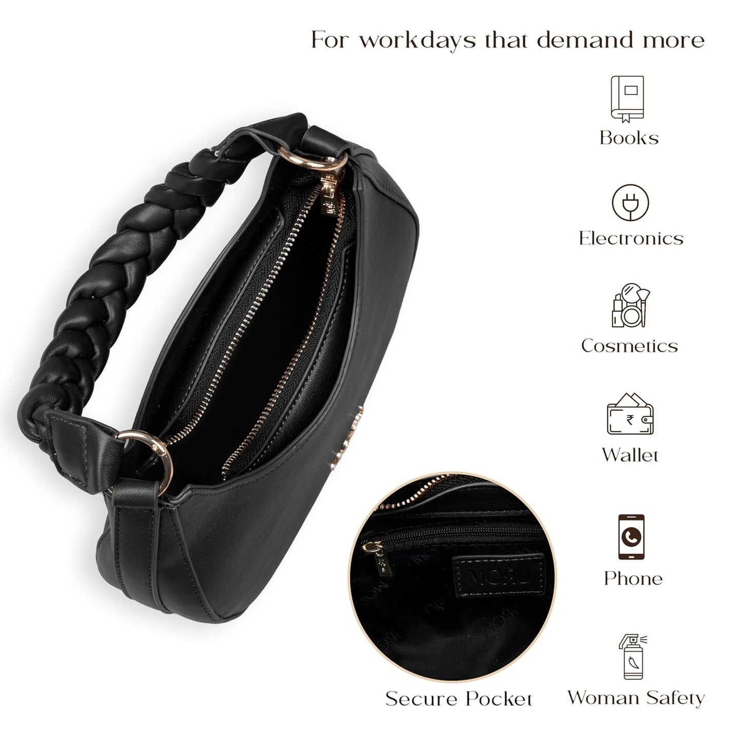 MORU Elara Braided Crescent Shoulder Bag for Women | Stylish Half Moon Hobo Purse | Premium Vegan Leather Handbag with Zipper Closure | Black