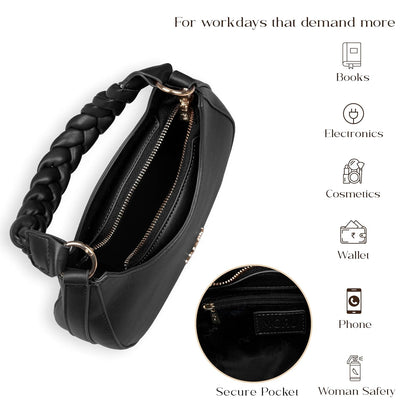 MORU Elara Braided Crescent Shoulder Bag for Women | Stylish Half Moon Hobo Purse | Premium Vegan Leather Handbag with Zipper Closure | Black