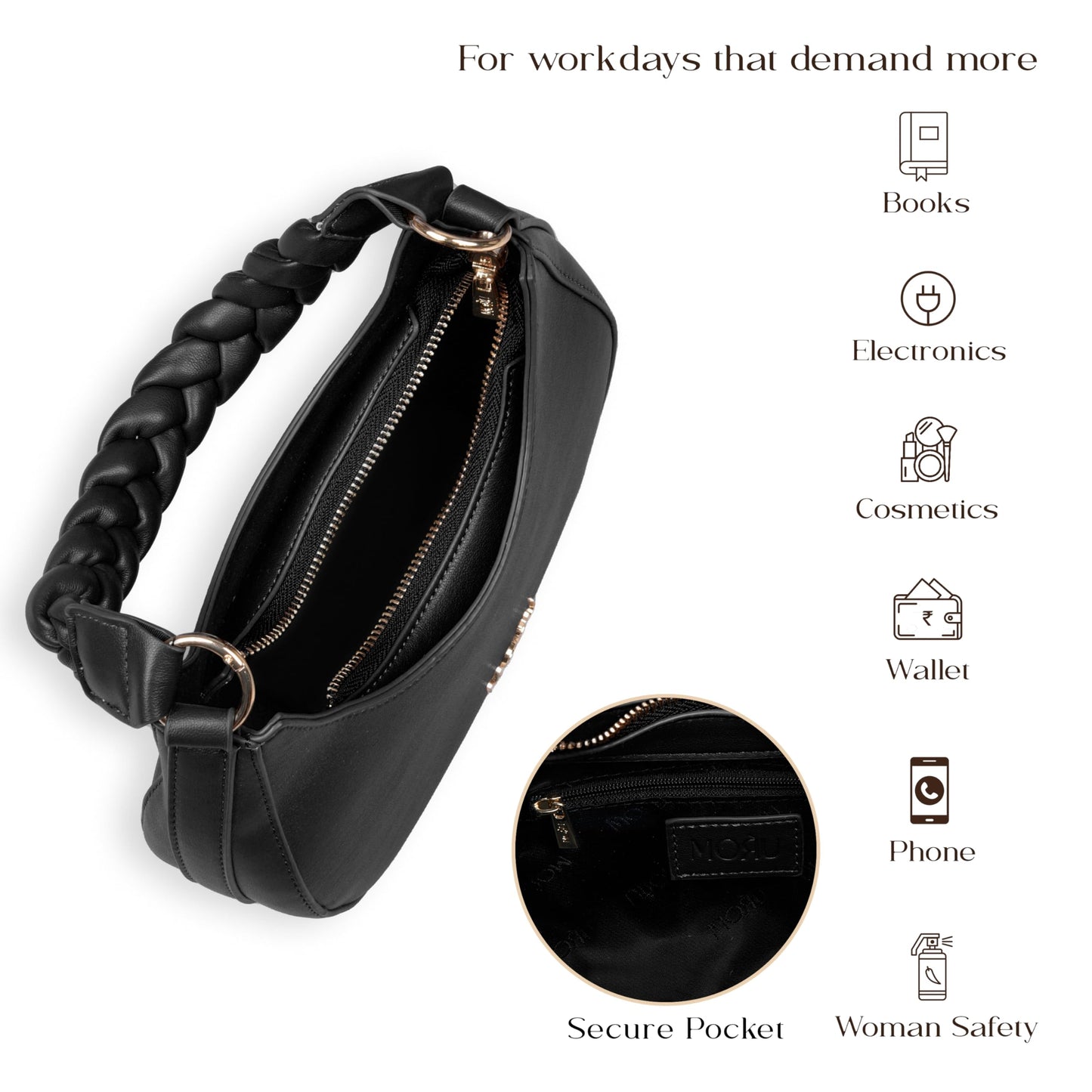 MORU Elara Braided Crescent Shoulder Bag for Women | Stylish Half Moon Hobo Purse | Premium Vegan Leather Handbag with Zipper Closure
